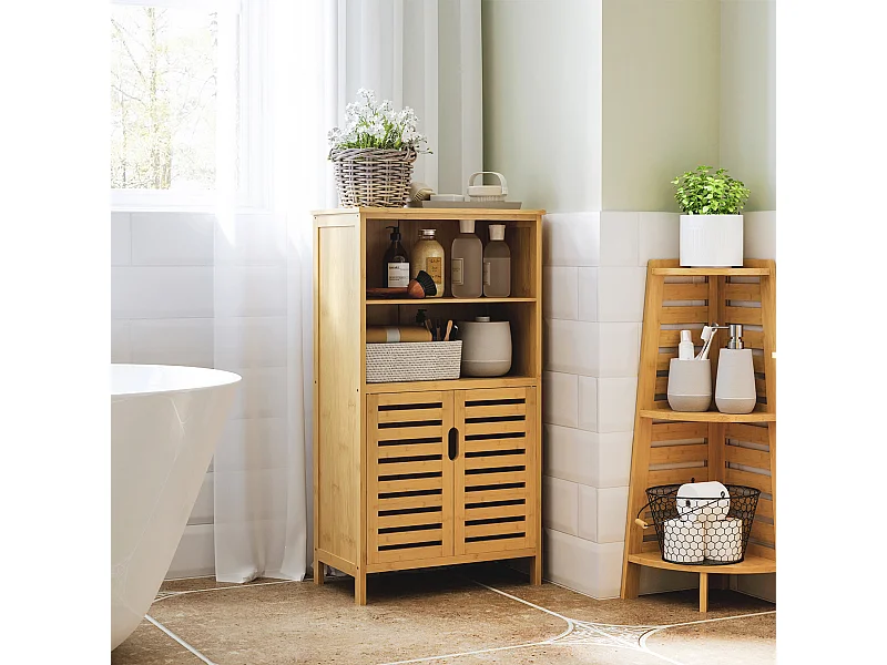 Mobiletto bagno con armadietto 2 ante e 2 ripiani aperti in legno