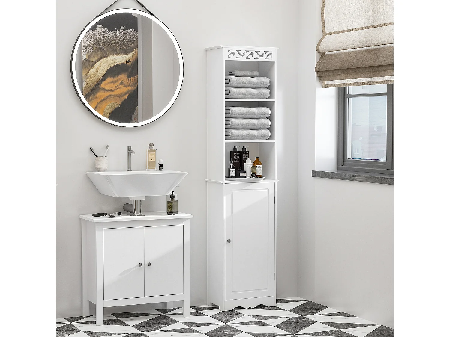 Mobiletto bagno con 3 ripiani regolabili su 3 livelli in mdf bianco