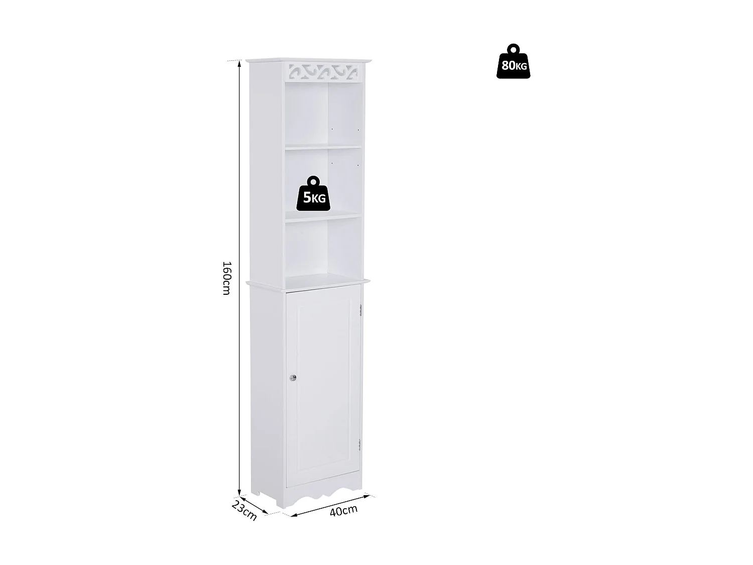 Mobiletto bagno con 3 ripiani regolabili su 3 livelli in mdf bianco