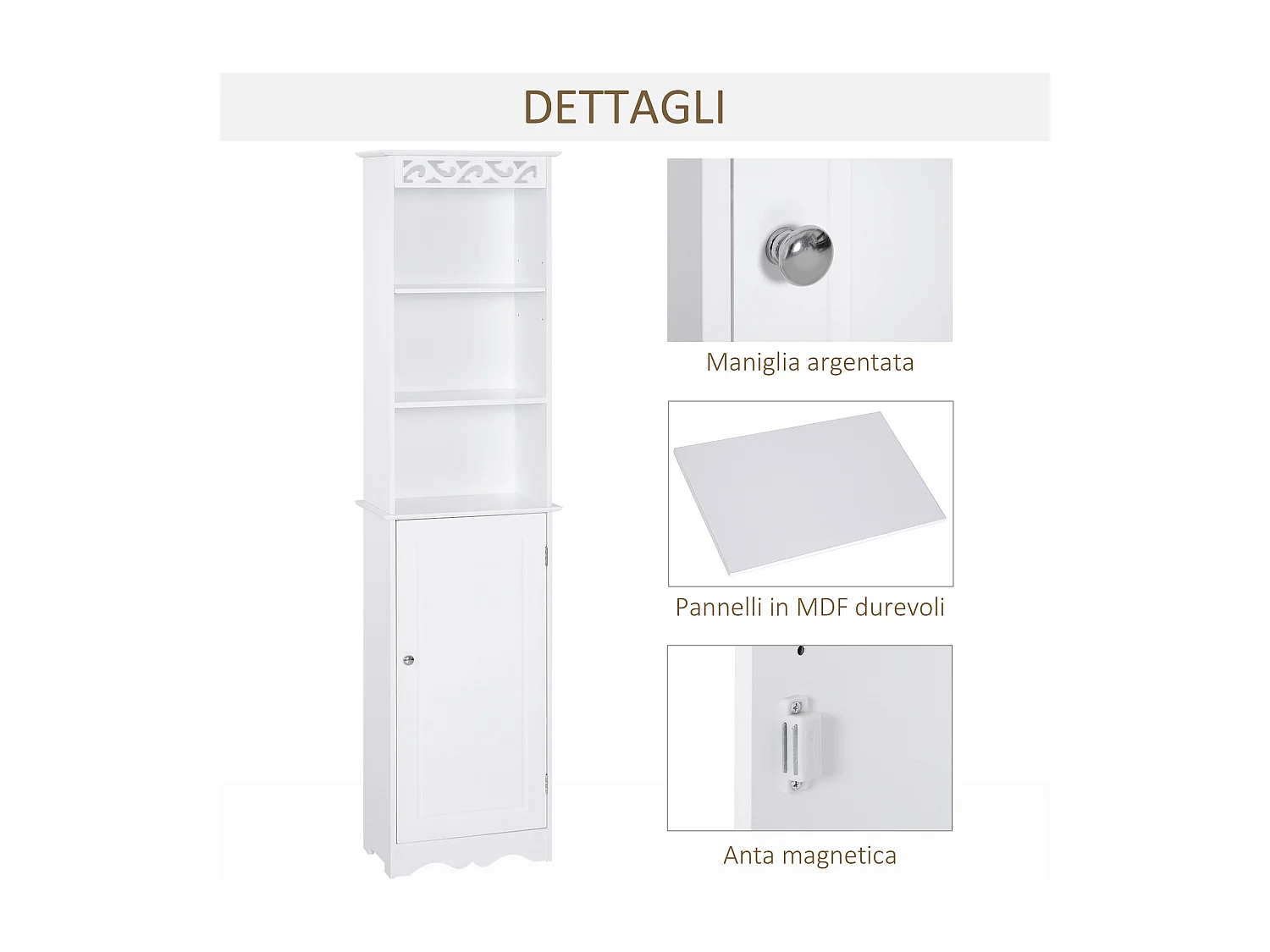 Mobiletto bagno con 3 ripiani regolabili su 3 livelli in mdf bianco
