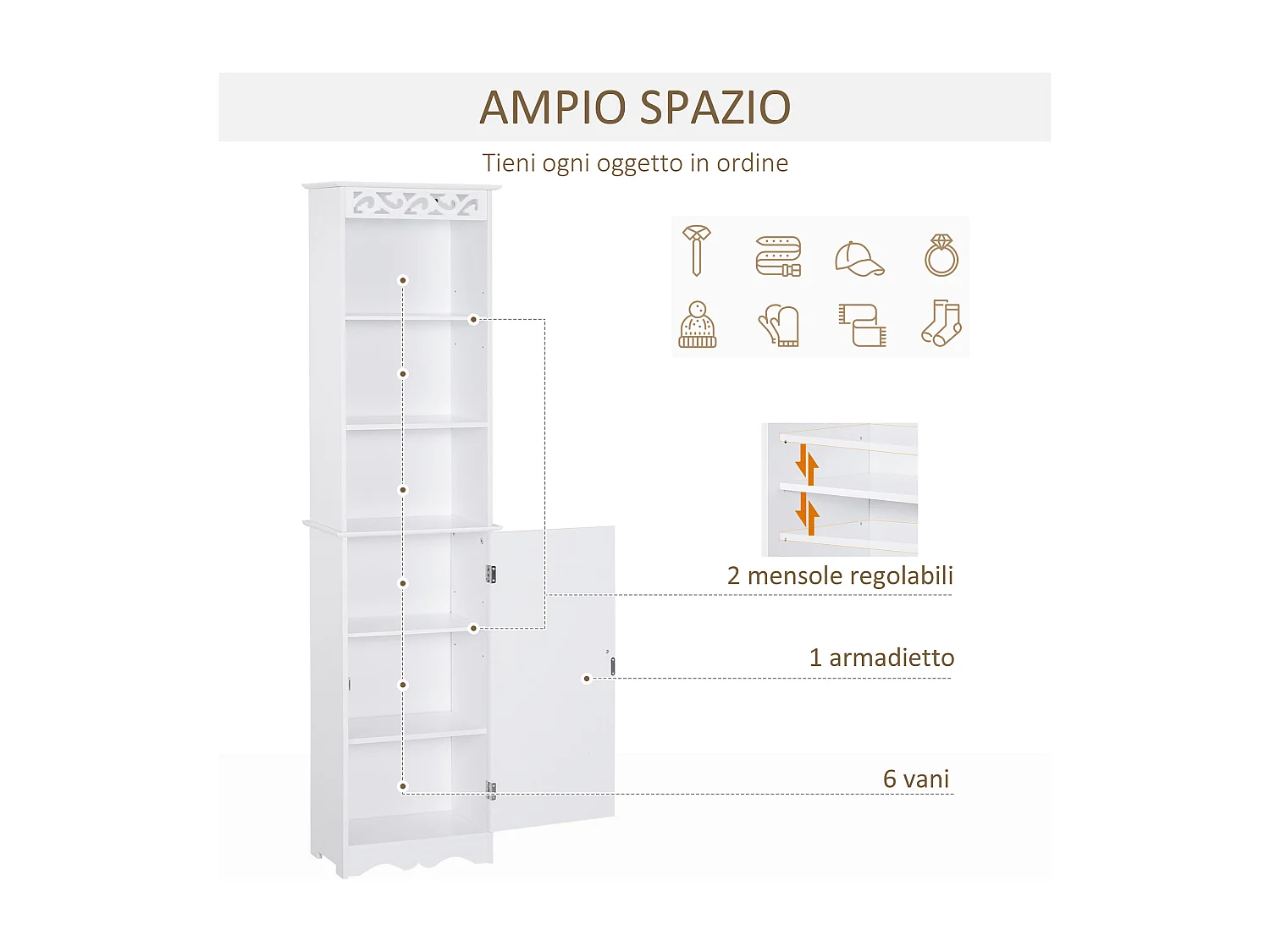 Mobiletto bagno con 3 ripiani regolabili su 3 livelli in mdf bianco