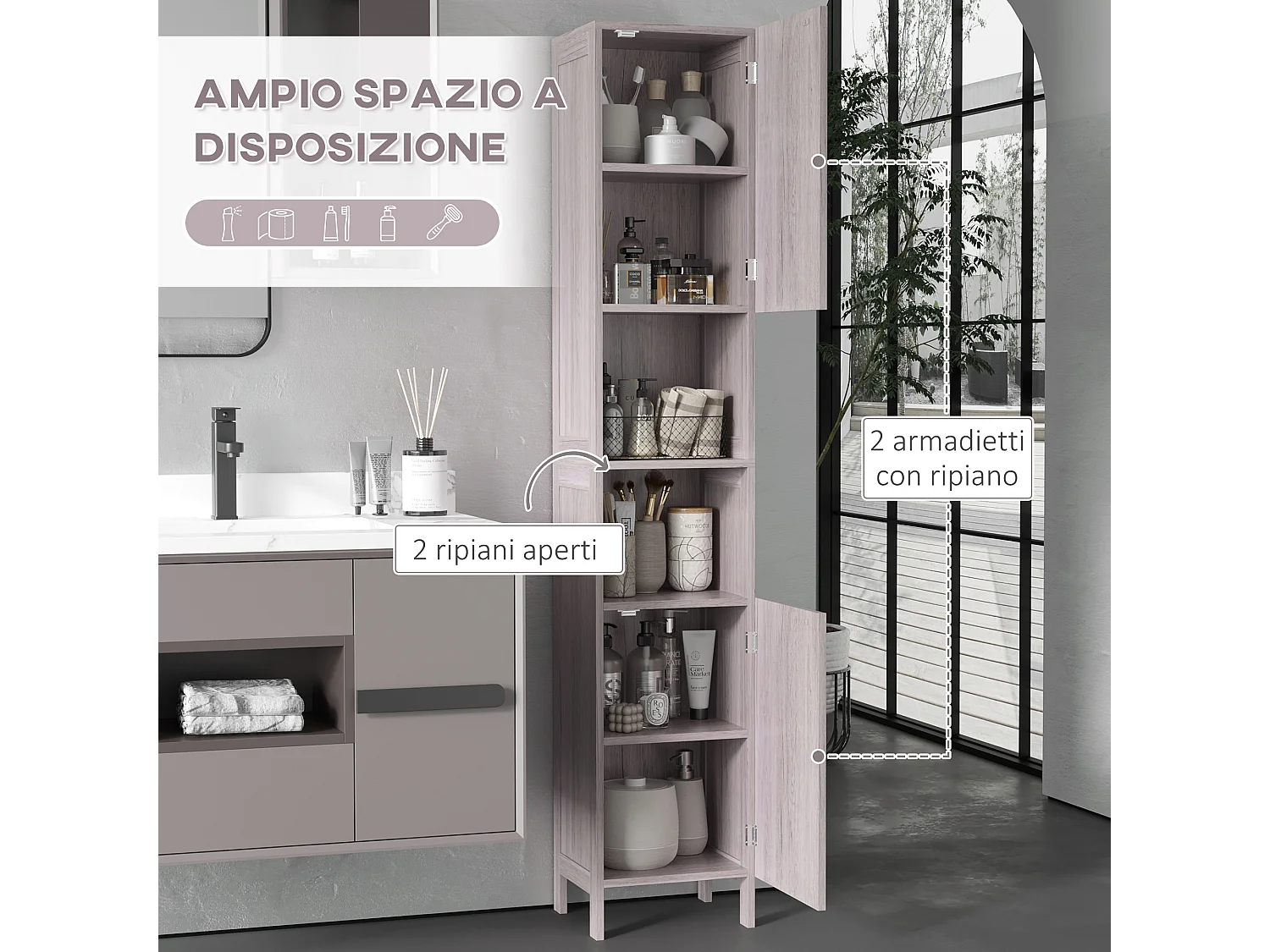 Colonna bagno in mdf con 2 armadietti e 2 ripiani aperti
