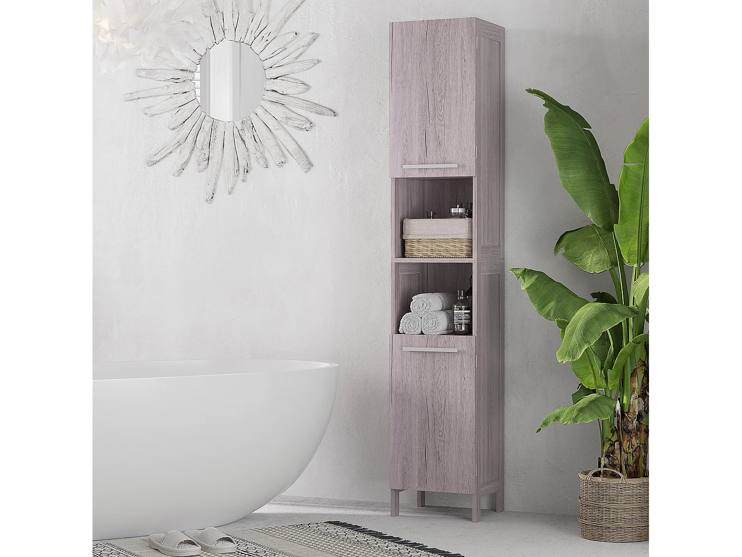 Colonna bagno in mdf con 2 armadietti e 2 ripiani aperti