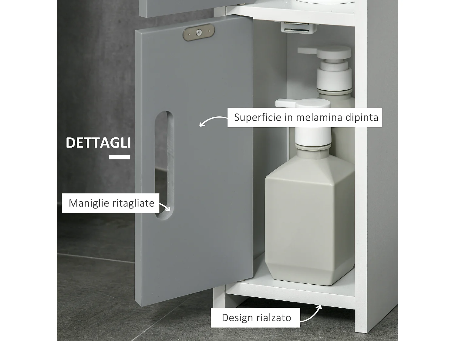 Mobile bagno con mensole e armadietti legno bianco e grigio