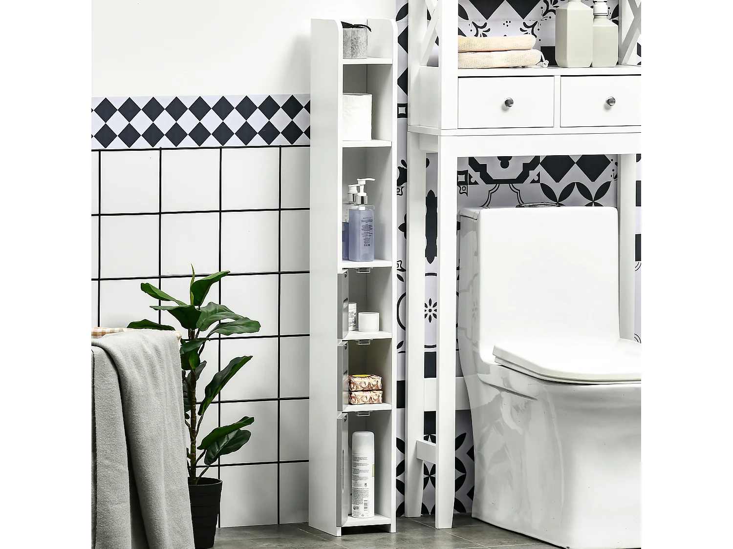 Mobile bagno con mensole e armadietti legno bianco e grigio