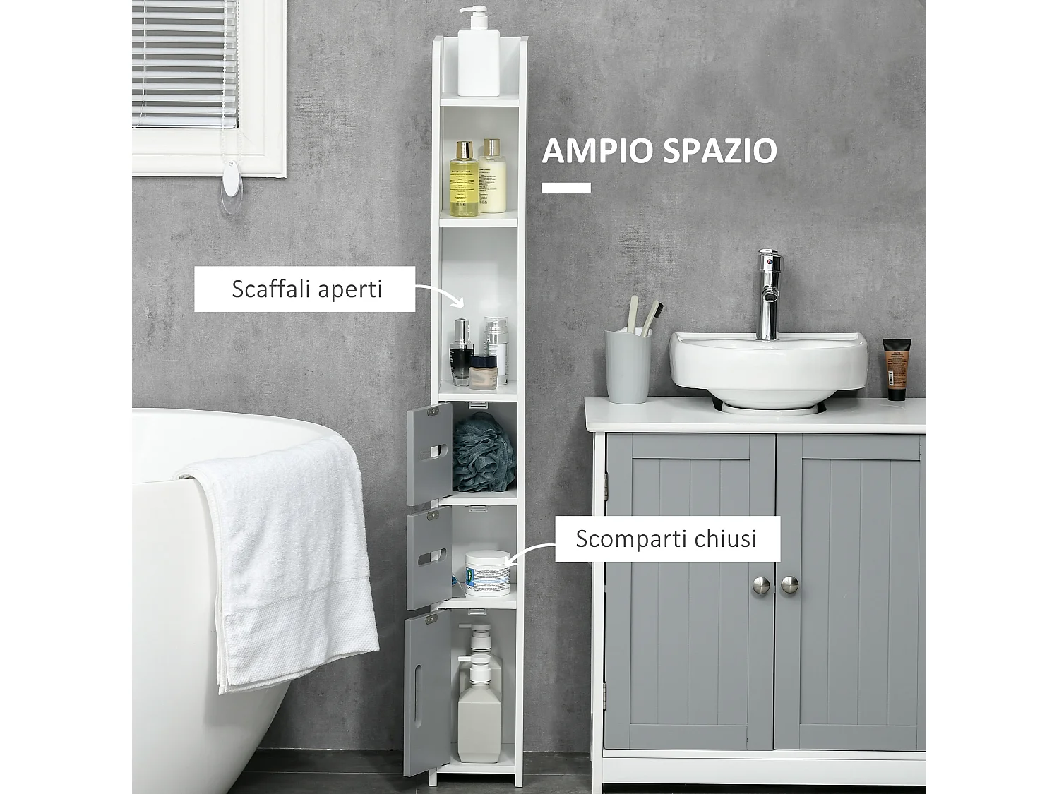 Mobile bagno con mensole e armadietti legno bianco e grigio
