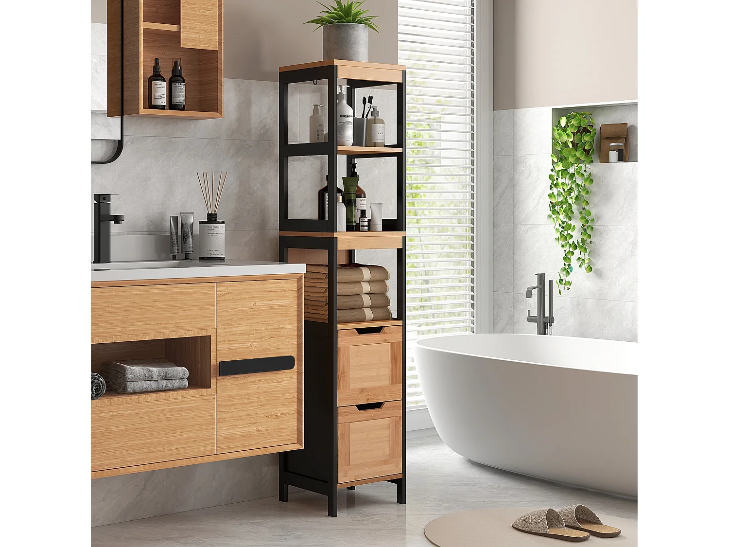 Colonna bagno 2 cassetti e 3 vani aperti in legno mdf e bambù