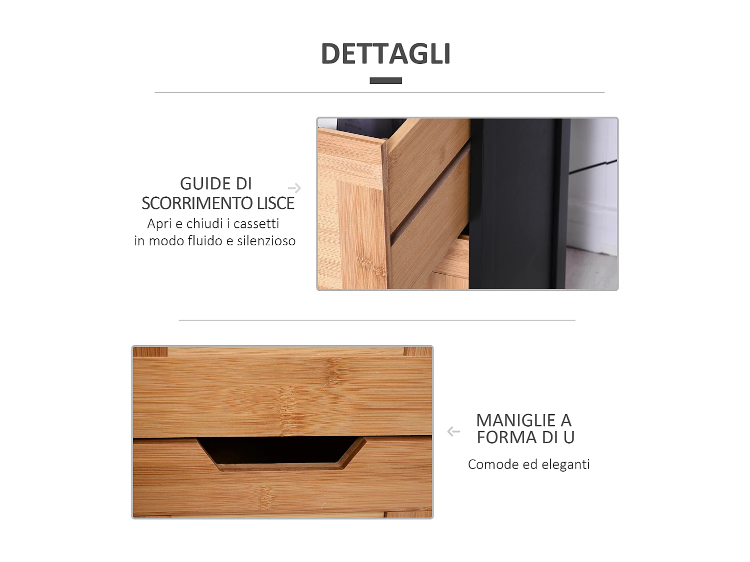 Colonna bagno 2 cassetti e 3 vani aperti in legno mdf e bambù