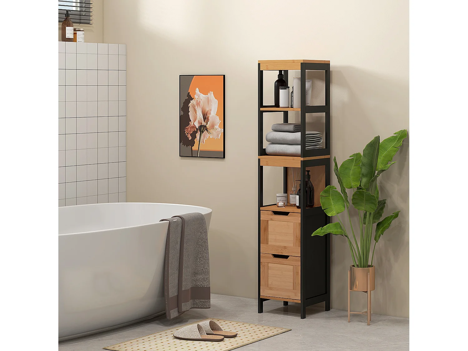 Colonna bagno 2 cassetti e 3 vani aperti in legno mdf e bambù