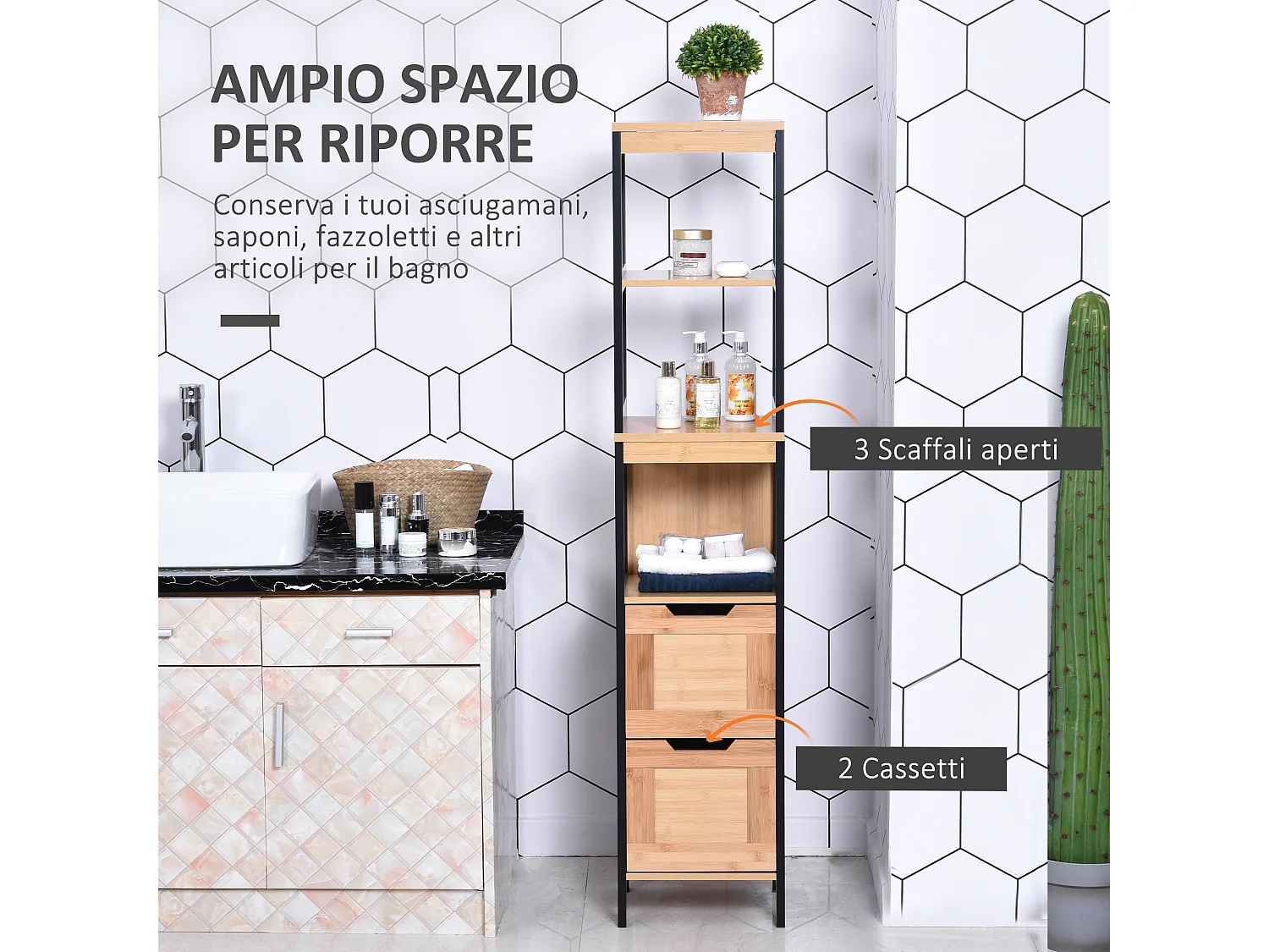 Colonna bagno 2 cassetti e 3 vani aperti in legno mdf e bambù