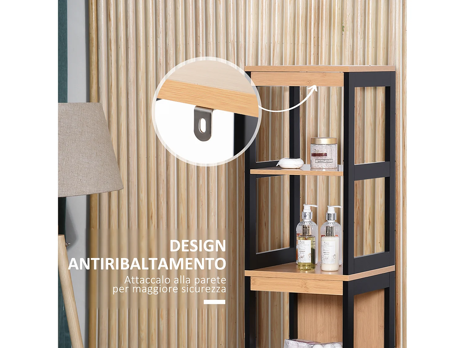 Colonna bagno 2 cassetti e 3 vani aperti in legno mdf e bambù