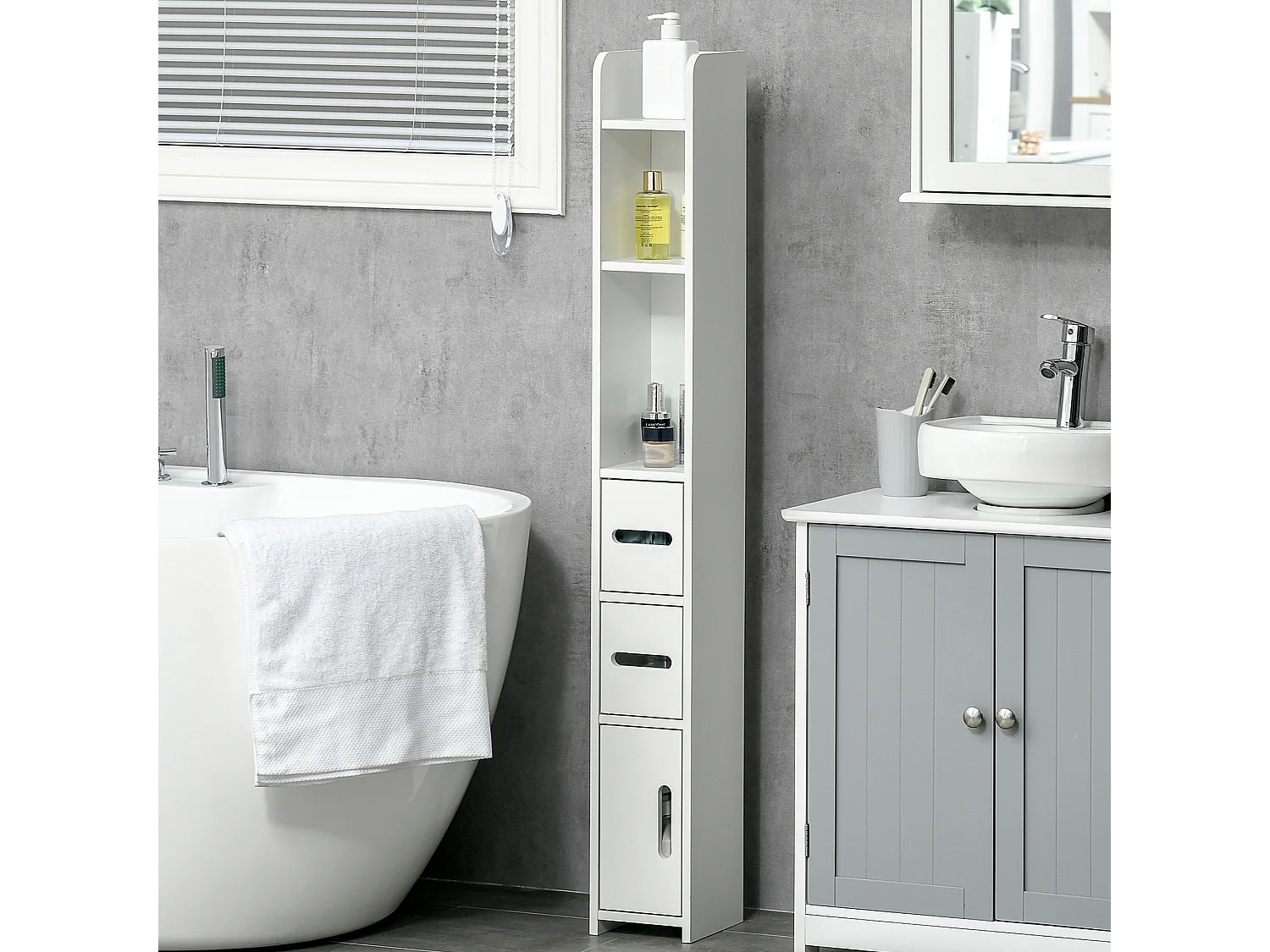 Mobile bagno alto con mensole e armadietti in legno bianco