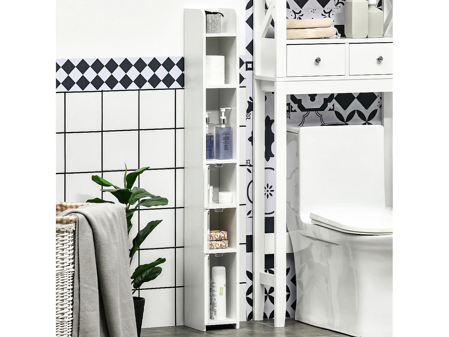 Mobile bagno alto con mensole e armadietti in legno bianco