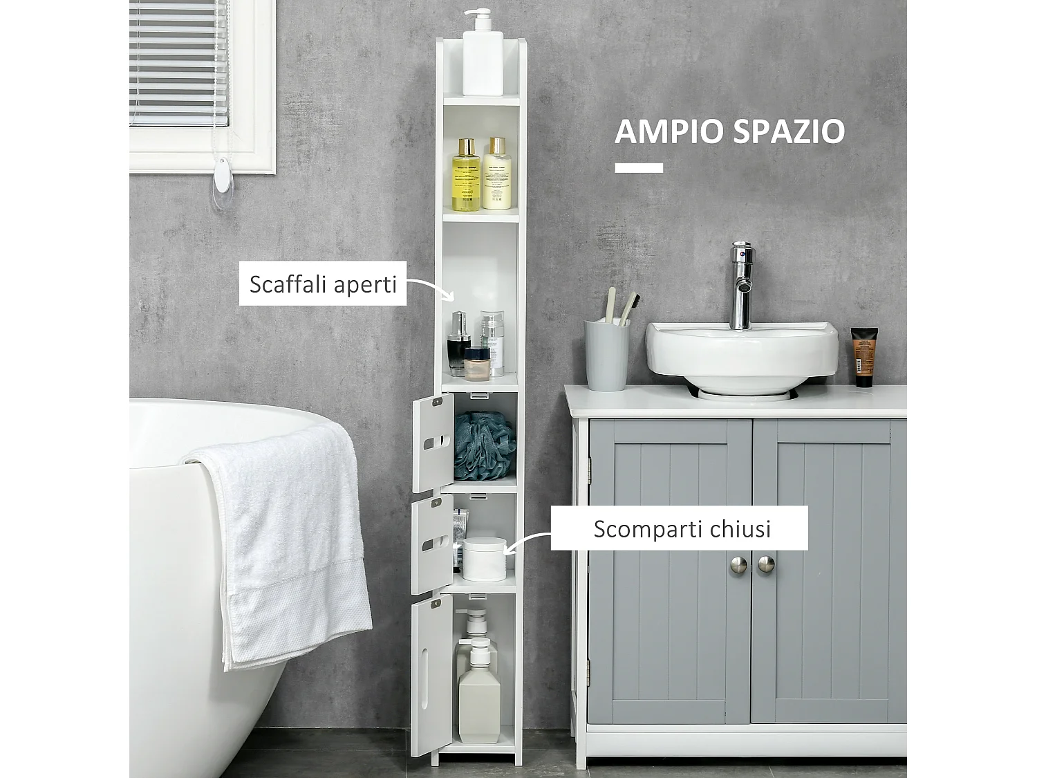 Mobile bagno alto con mensole e armadietti in legno bianco