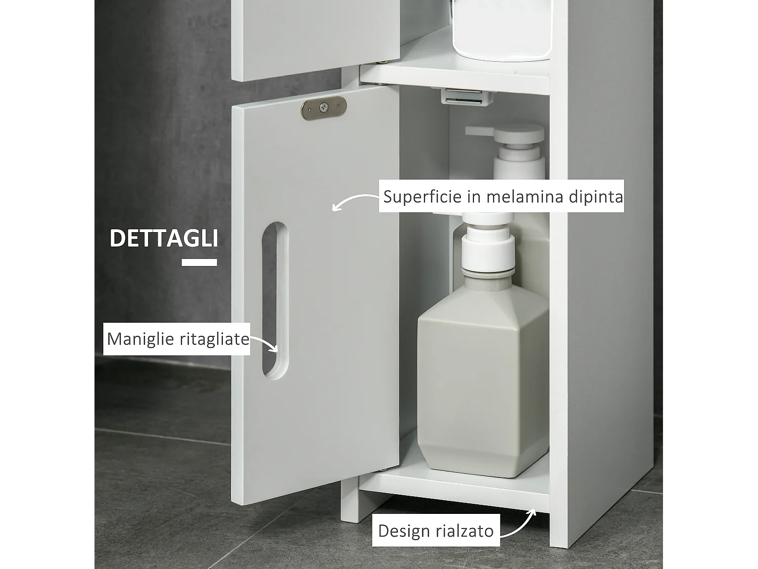 Mobile bagno alto con mensole e armadietti in legno bianco