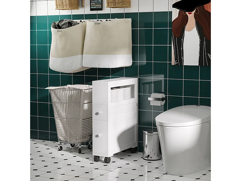 Mobiletto da bagno 2 cassetti salvaspazio con 4 ruote legno bianco
