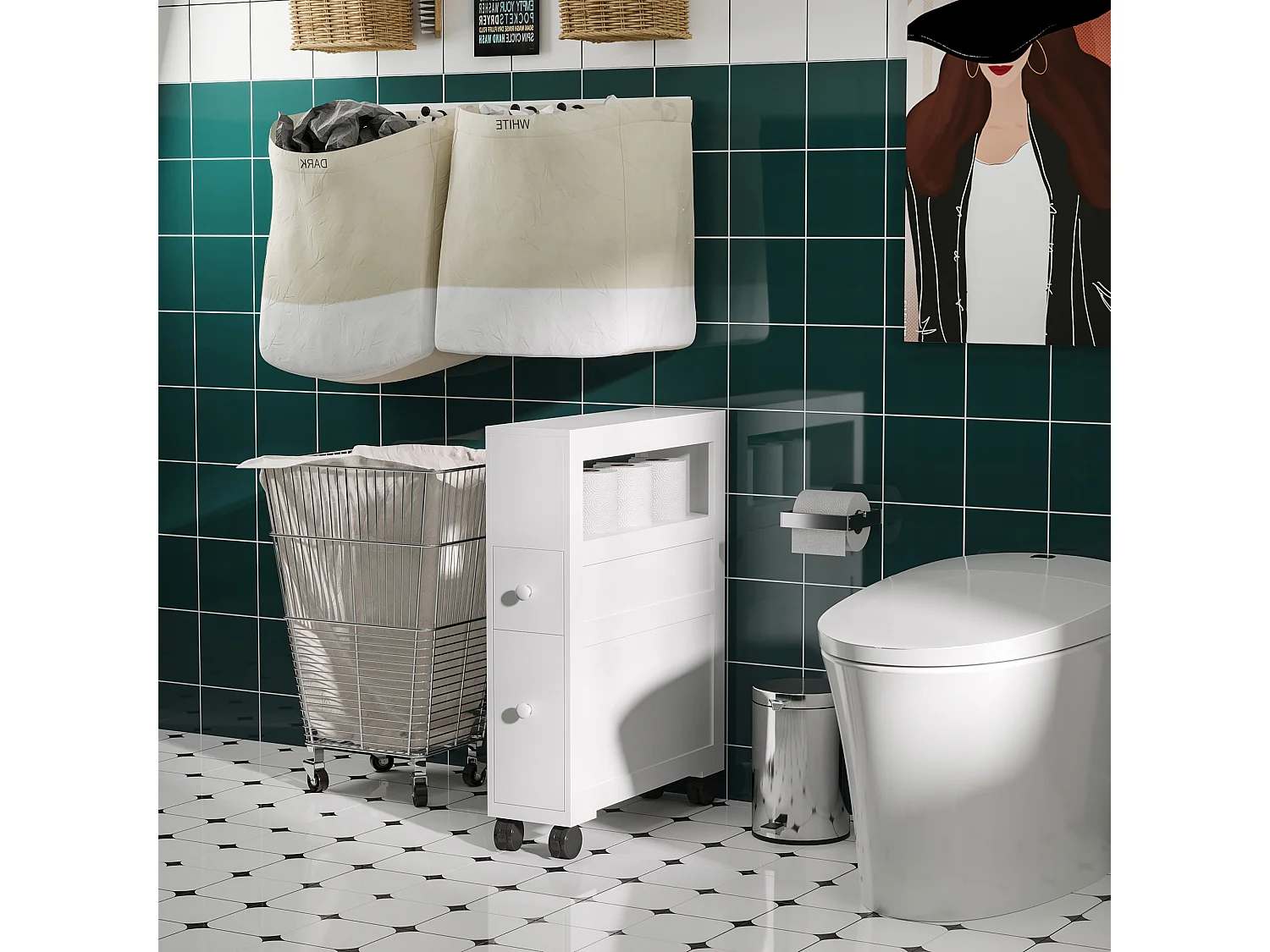 Mobiletto da bagno 2 cassetti salvaspazio con 4 ruote legno bianco