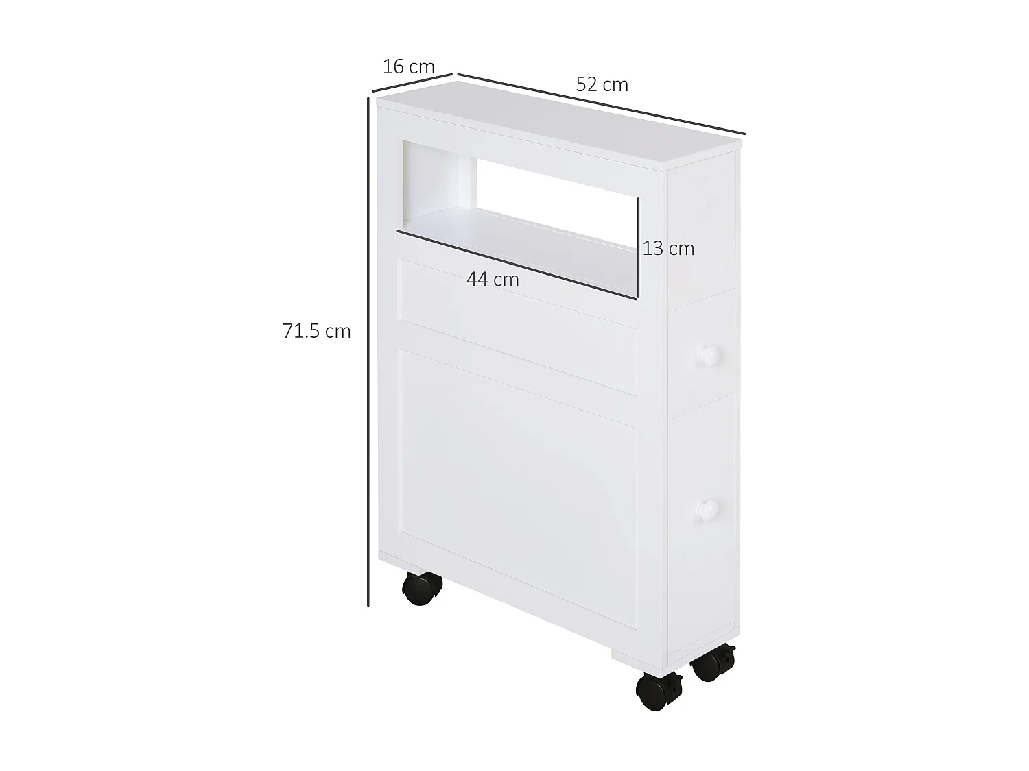 Mobiletto da bagno 2 cassetti salvaspazio con 4 ruote legno bianco