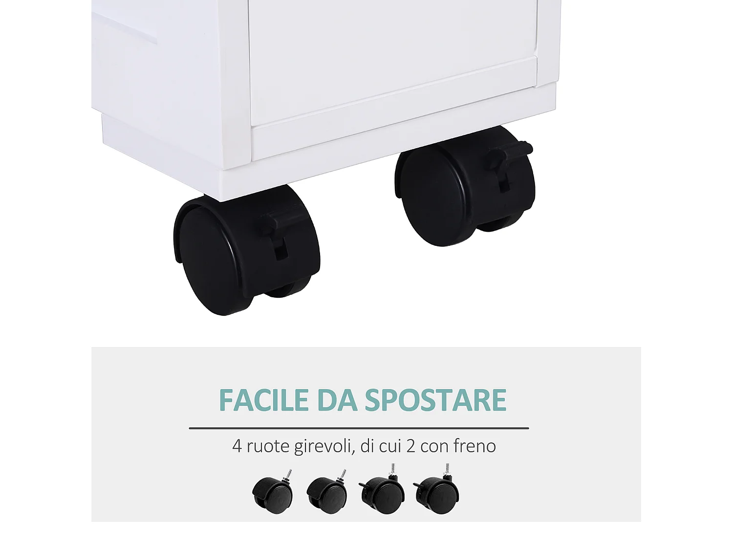 Mobiletto da bagno 2 cassetti salvaspazio con 4 ruote legno bianco