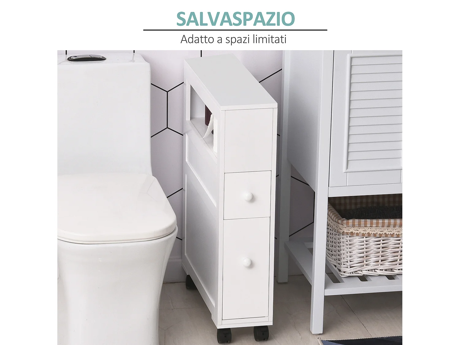 Mobiletto da bagno 2 cassetti salvaspazio con 4 ruote legno bianco