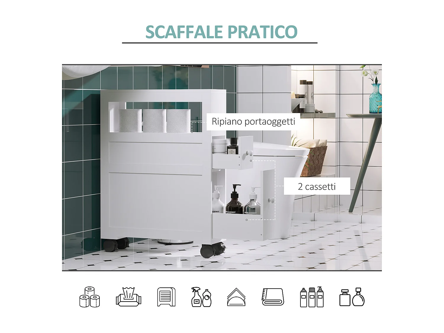 Mobiletto da bagno 2 cassetti salvaspazio con 4 ruote legno bianco