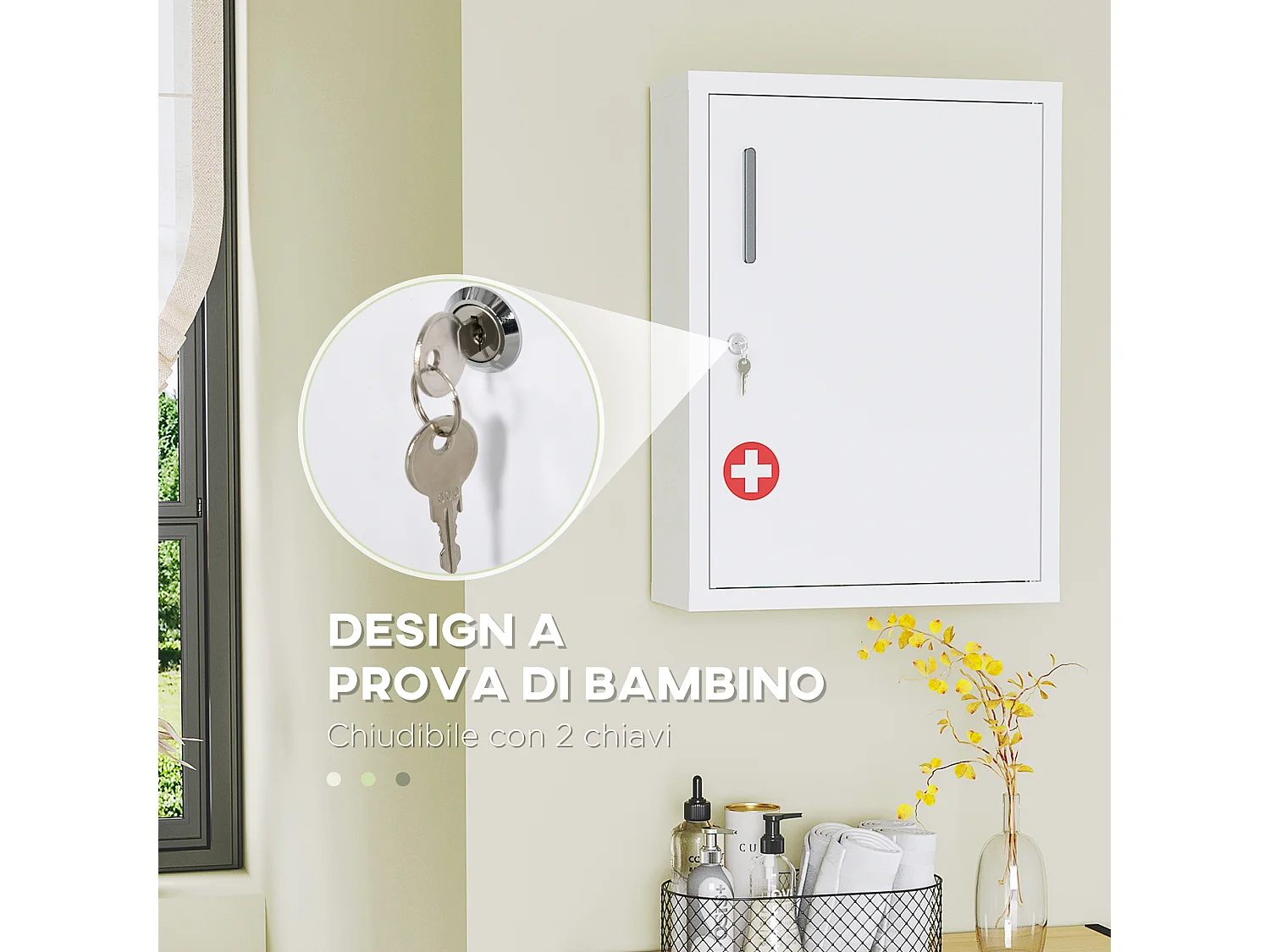 Armadietto medicinali con 2 ripiani e 2 chiavi in acciaio bianco