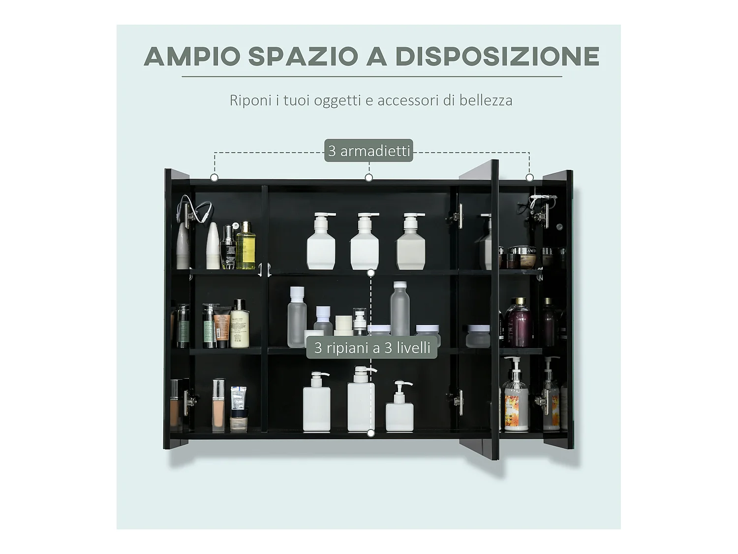 Specchio da bagno con 3 armadietti 3 ripiani e luce led nero