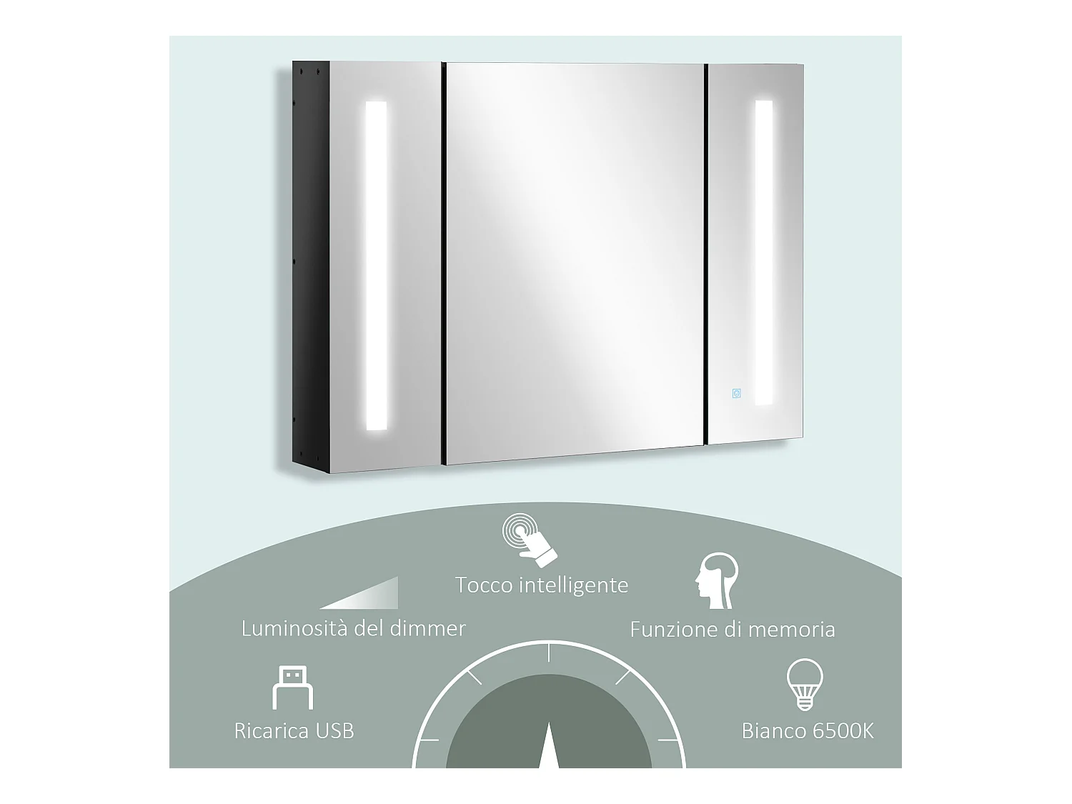 Specchio da bagno con 3 armadietti 3 ripiani e luce led nero