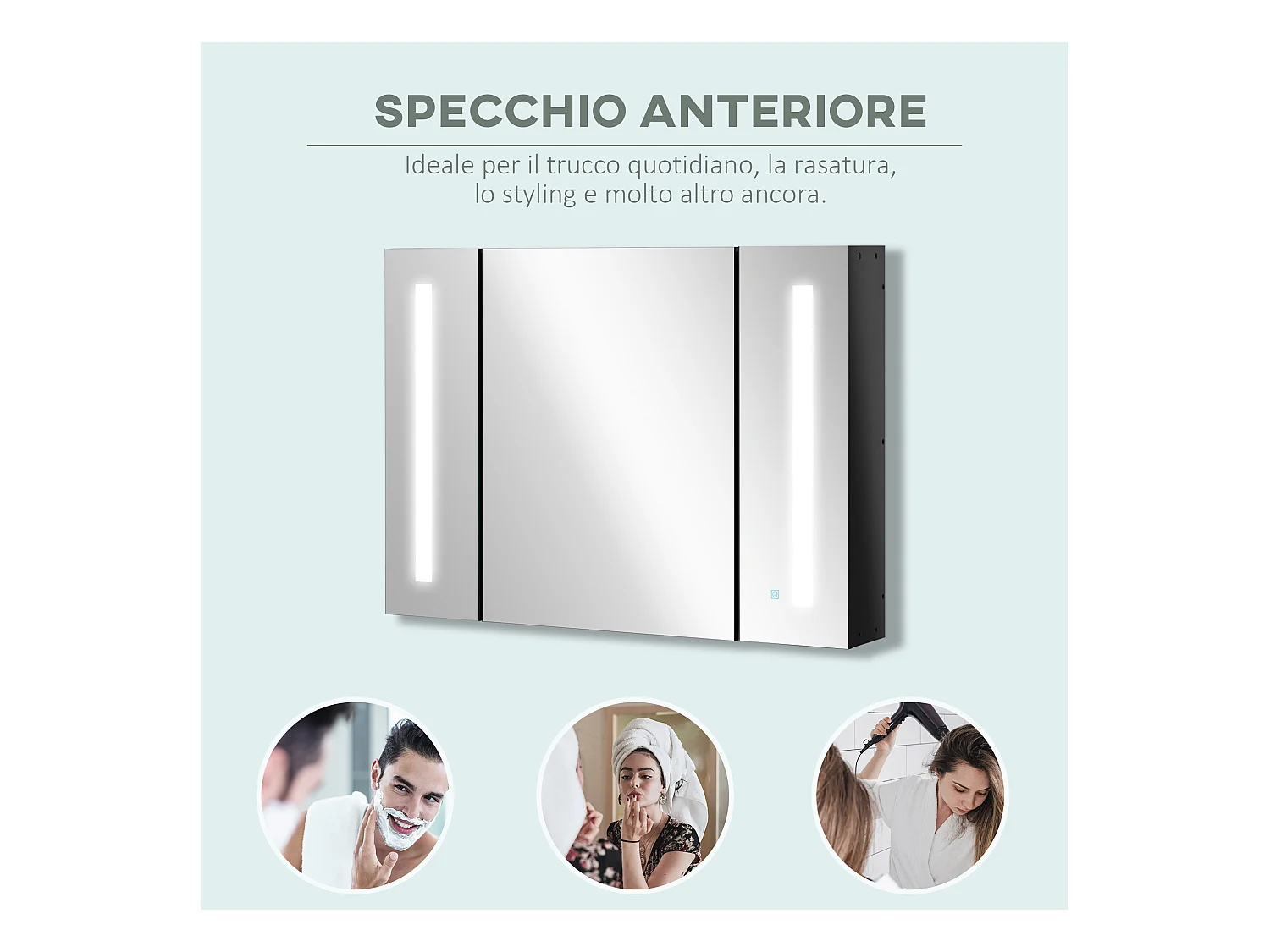 Specchio da bagno con 3 armadietti 3 ripiani e luce led nero