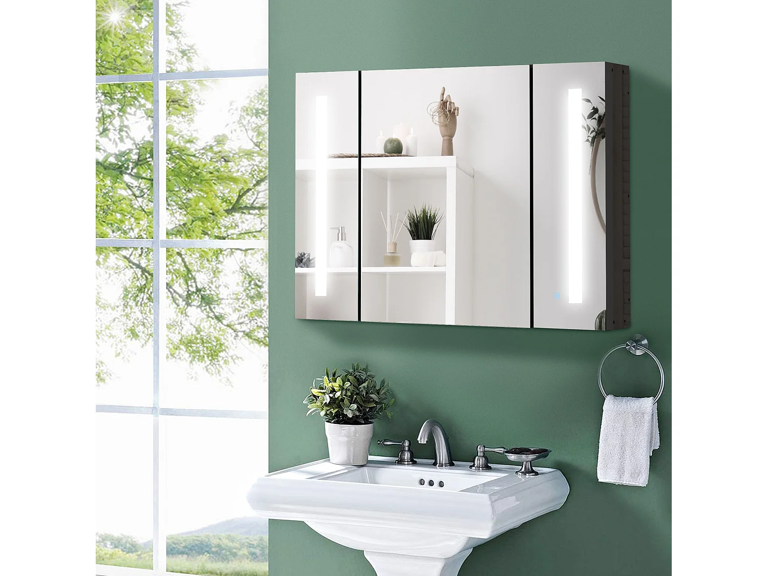 Specchio da bagno con 3 armadietti 3 ripiani e luce led nero