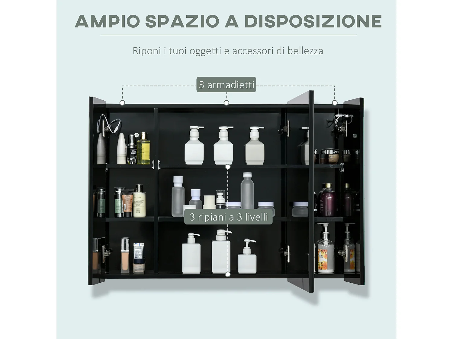 Specchio da bagno con 3 armadietti 3 ripiani e luce led nero