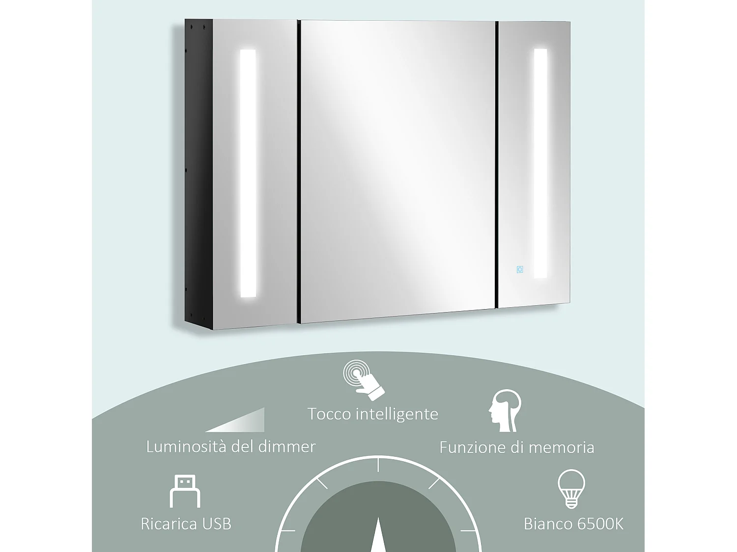 Specchio da bagno con 3 armadietti 3 ripiani e luce led nero