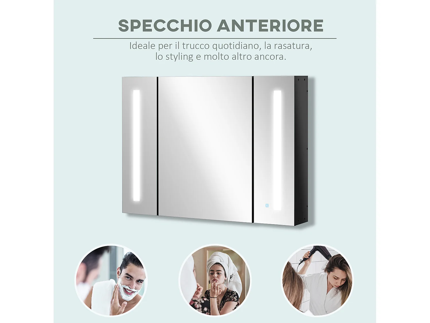 Specchio da bagno con 3 armadietti 3 ripiani e luce led nero