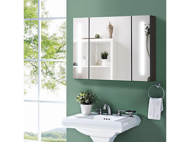 Specchio da bagno con 3 armadietti 3 ripiani e luce led nero