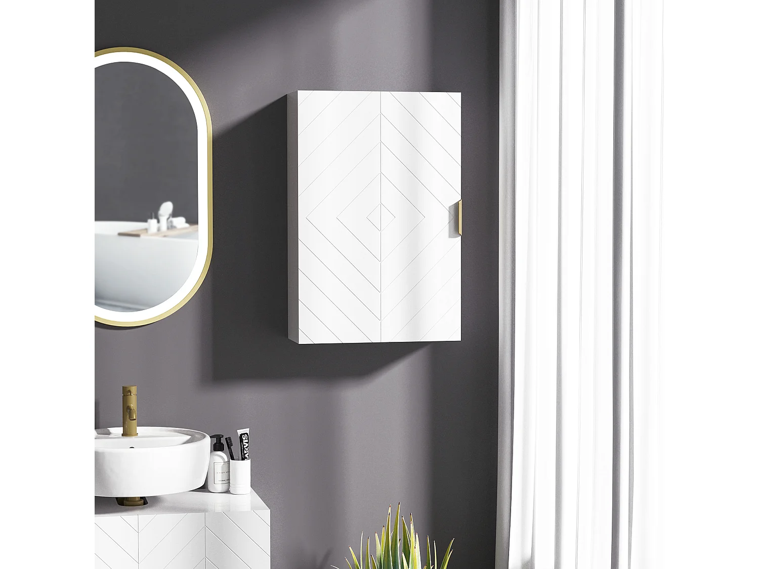 Pensile bagno con anta decorata e ripiani regolabili bianco