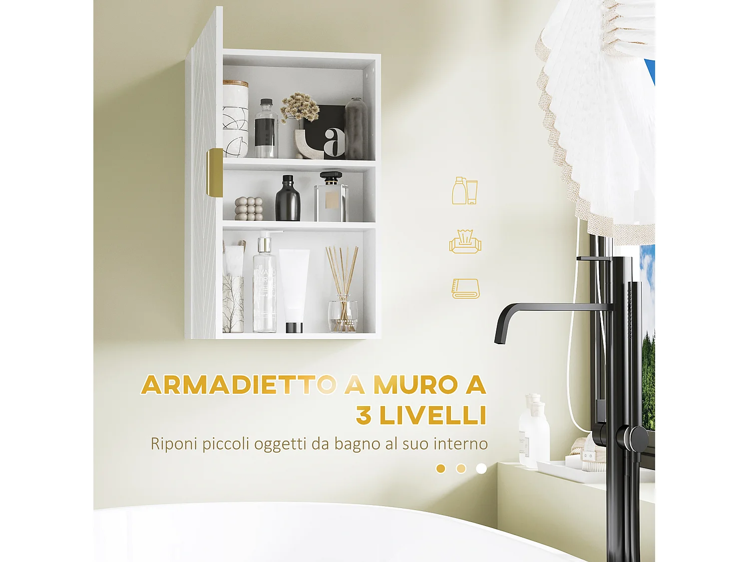 Pensile bagno con anta decorata e ripiani regolabili bianco