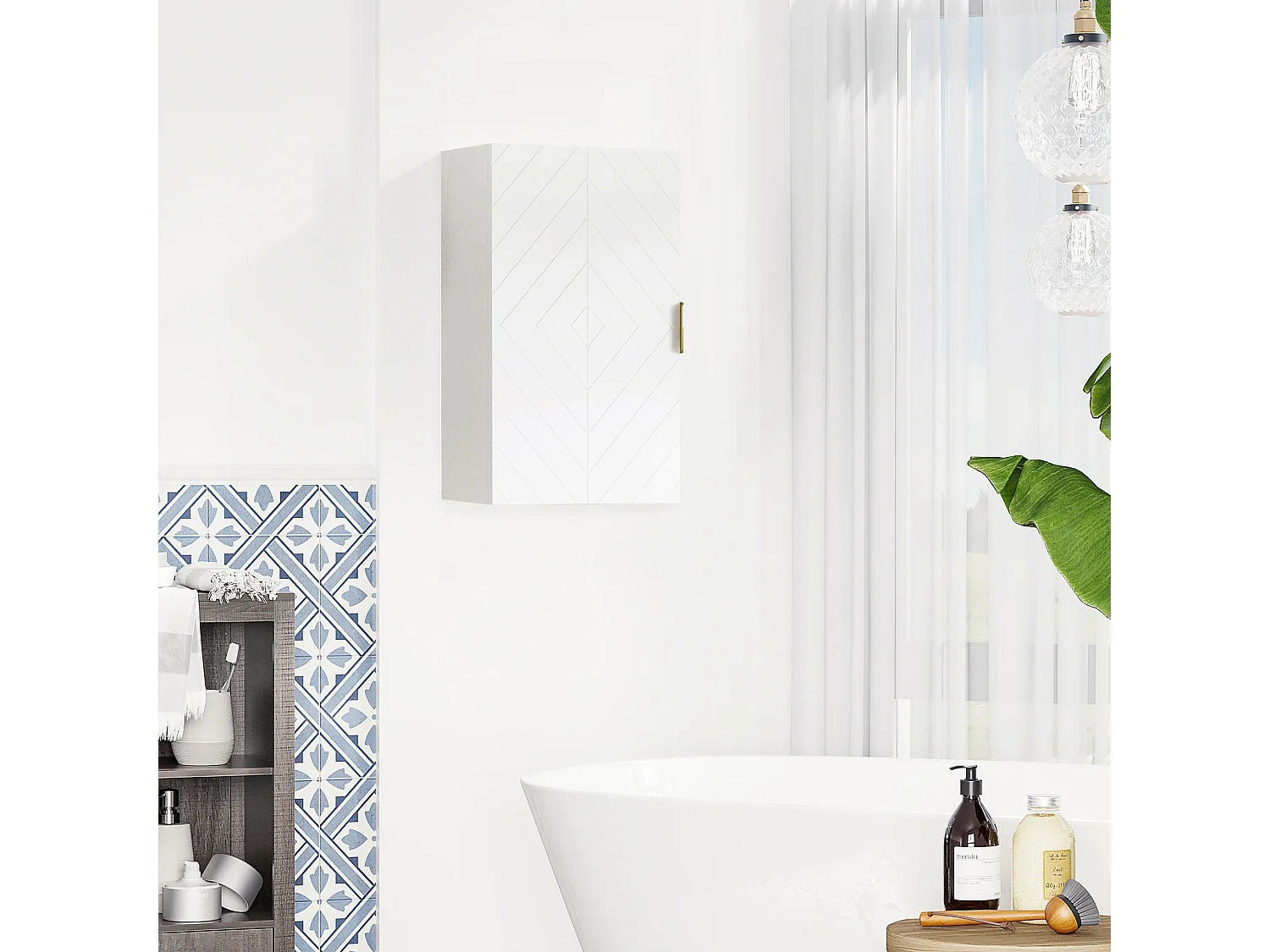 Pensile bagno con anta decorata e ripiani regolabili bianco
