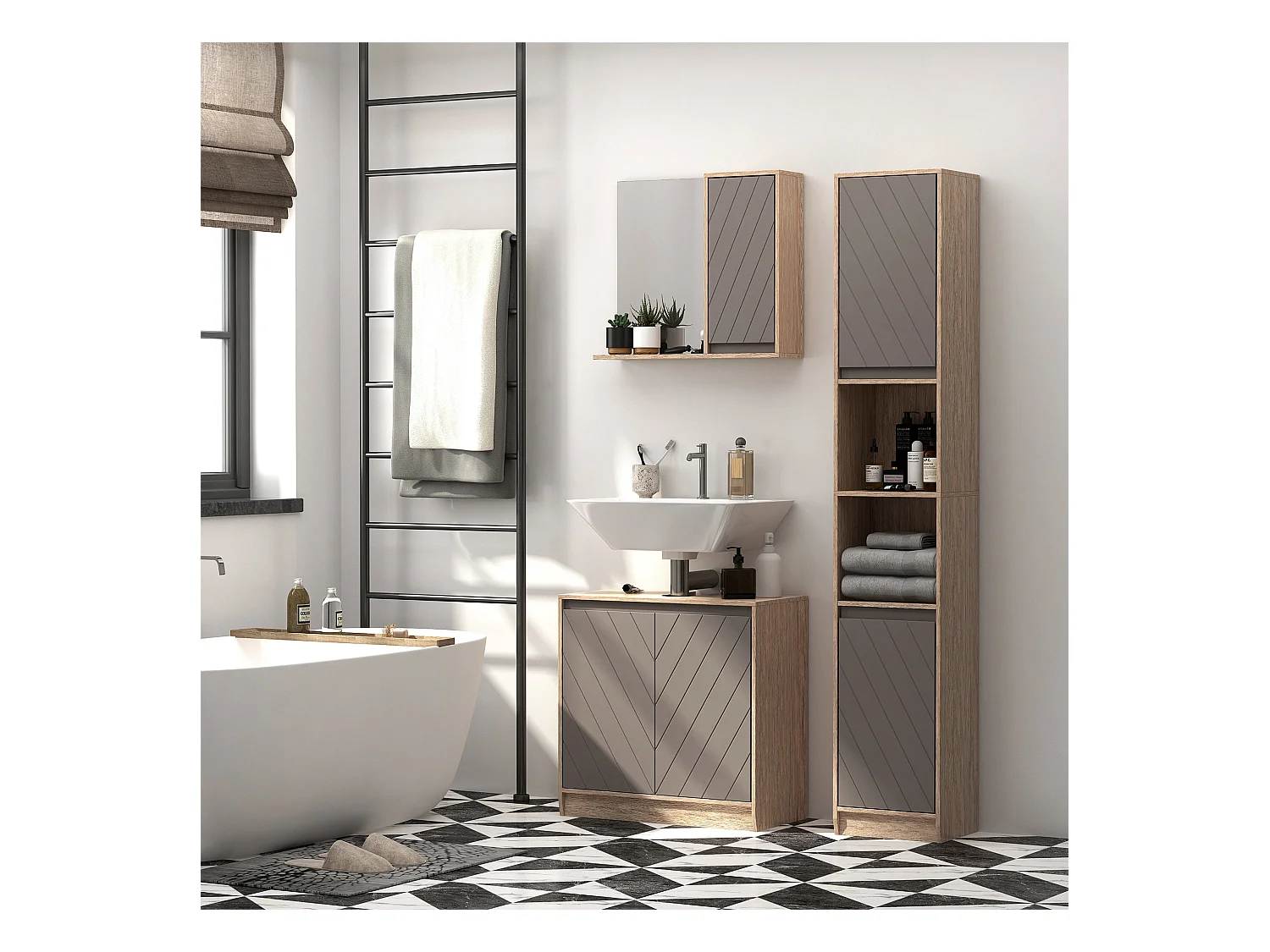 Armadietto pensile da bagno con mensola in legno grigio e rovere