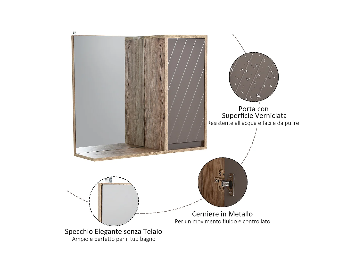 Armadietto pensile da bagno con mensola in legno grigio e rovere