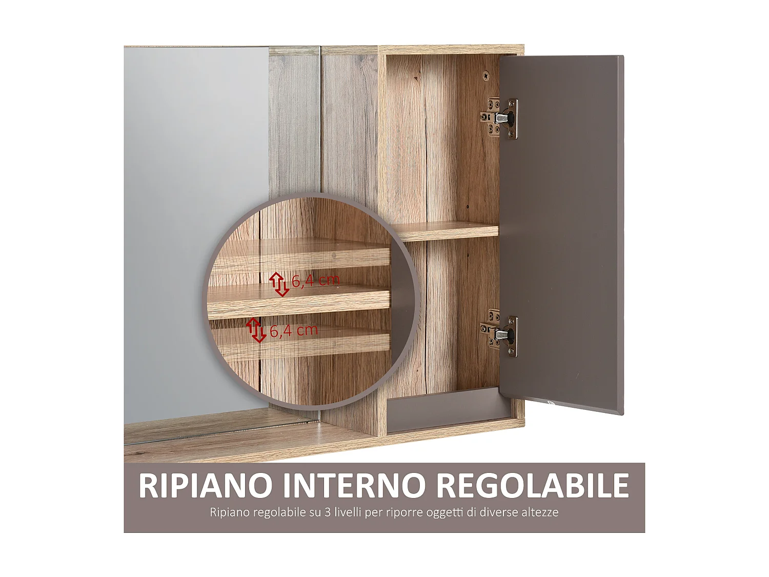 Armadietto pensile da bagno con mensola in legno grigio e rovere