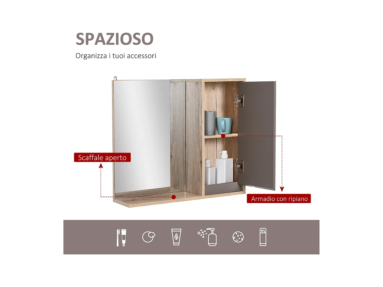 Armadietto pensile da bagno con mensola in legno grigio e rovere