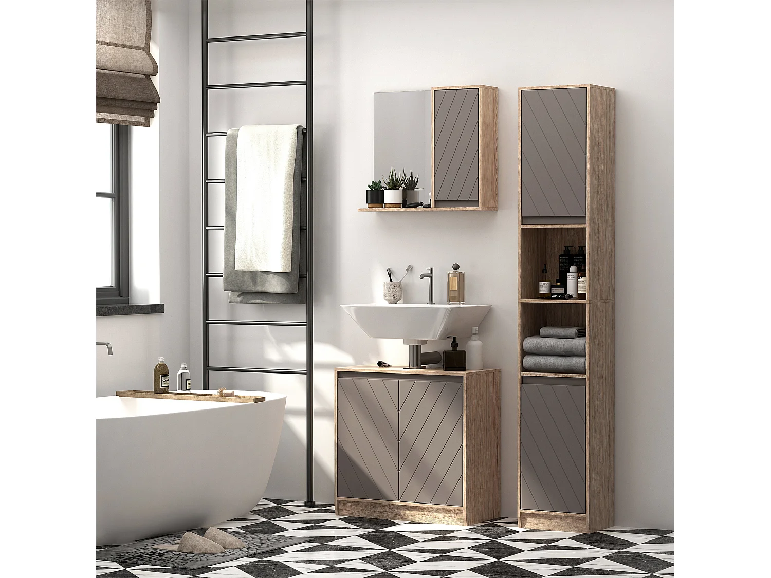 Armadietto pensile da bagno con mensola in legno grigio e rovere