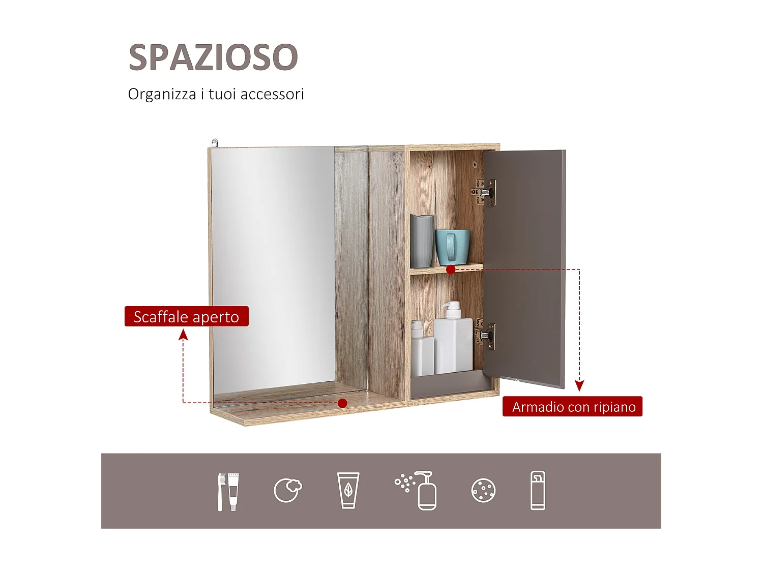 Armadietto pensile da bagno con mensola in legno grigio e rovere