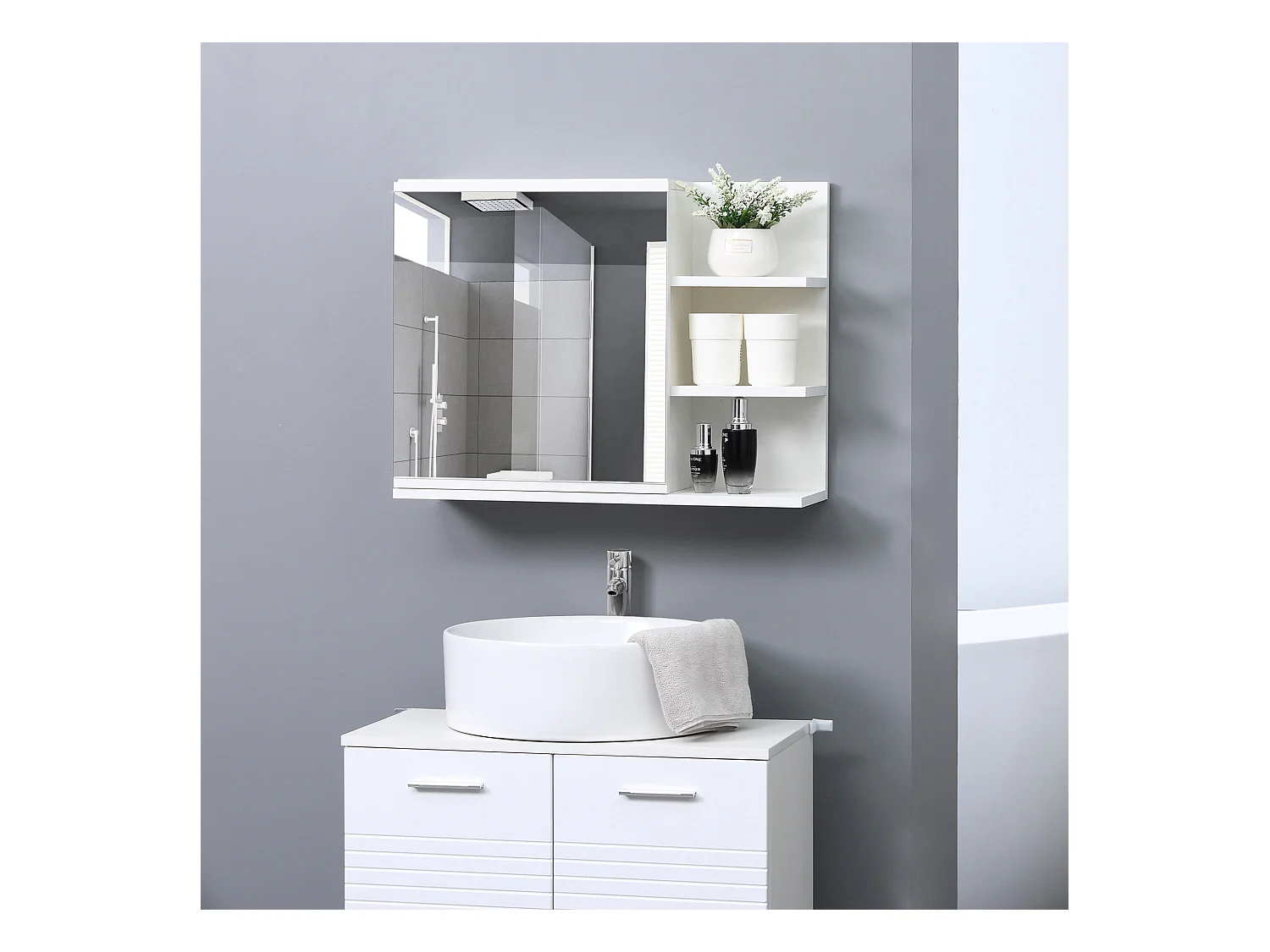 Mobile specchiera bagno con 3 ripiani laterali in legno bianco