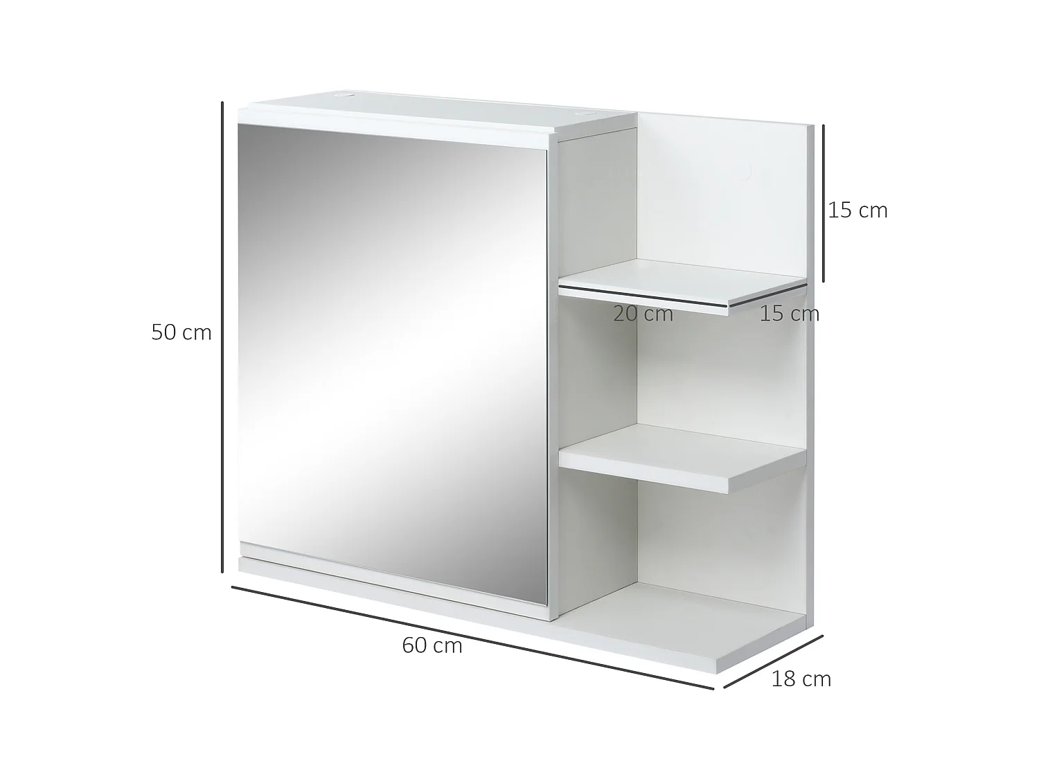Mobile specchiera bagno con 3 ripiani laterali in legno bianco