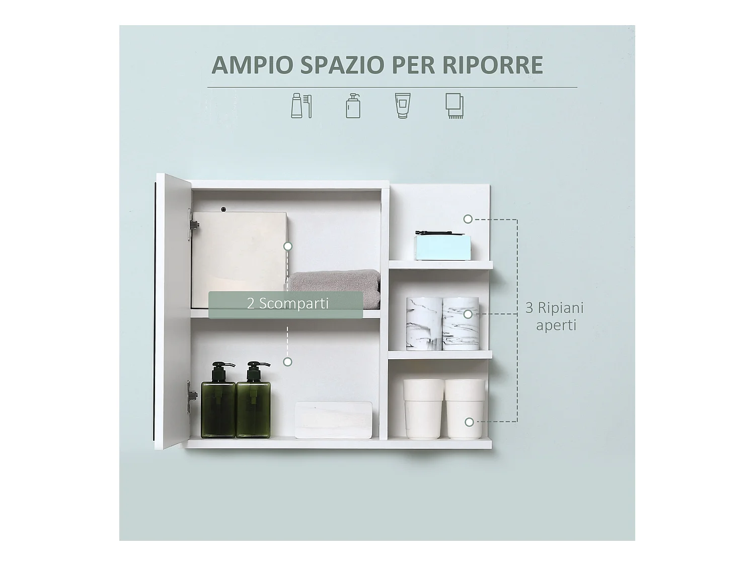 Mobile specchiera bagno con 3 ripiani laterali in legno bianco