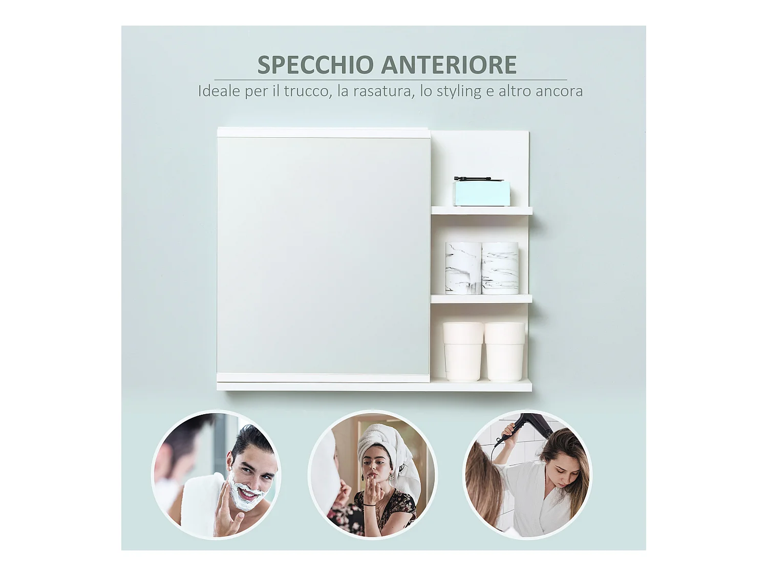 Mobile specchiera bagno con 3 ripiani laterali in legno bianco