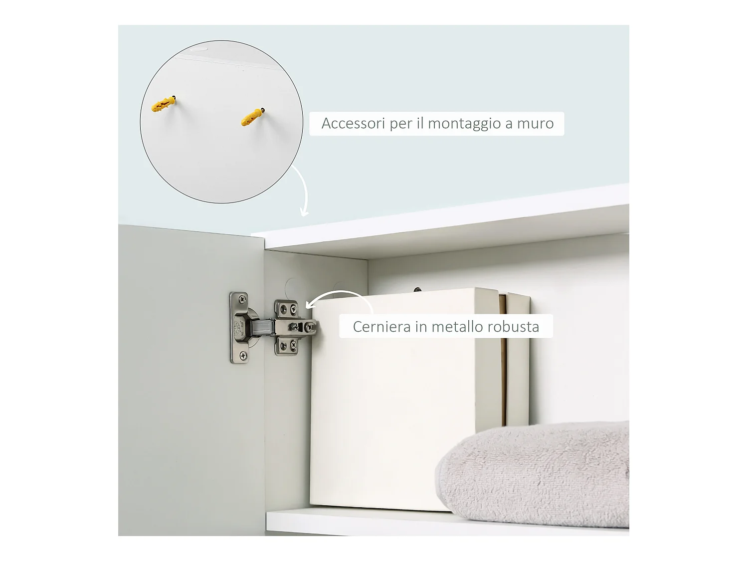 Mobile specchiera bagno con 3 ripiani laterali in legno bianco