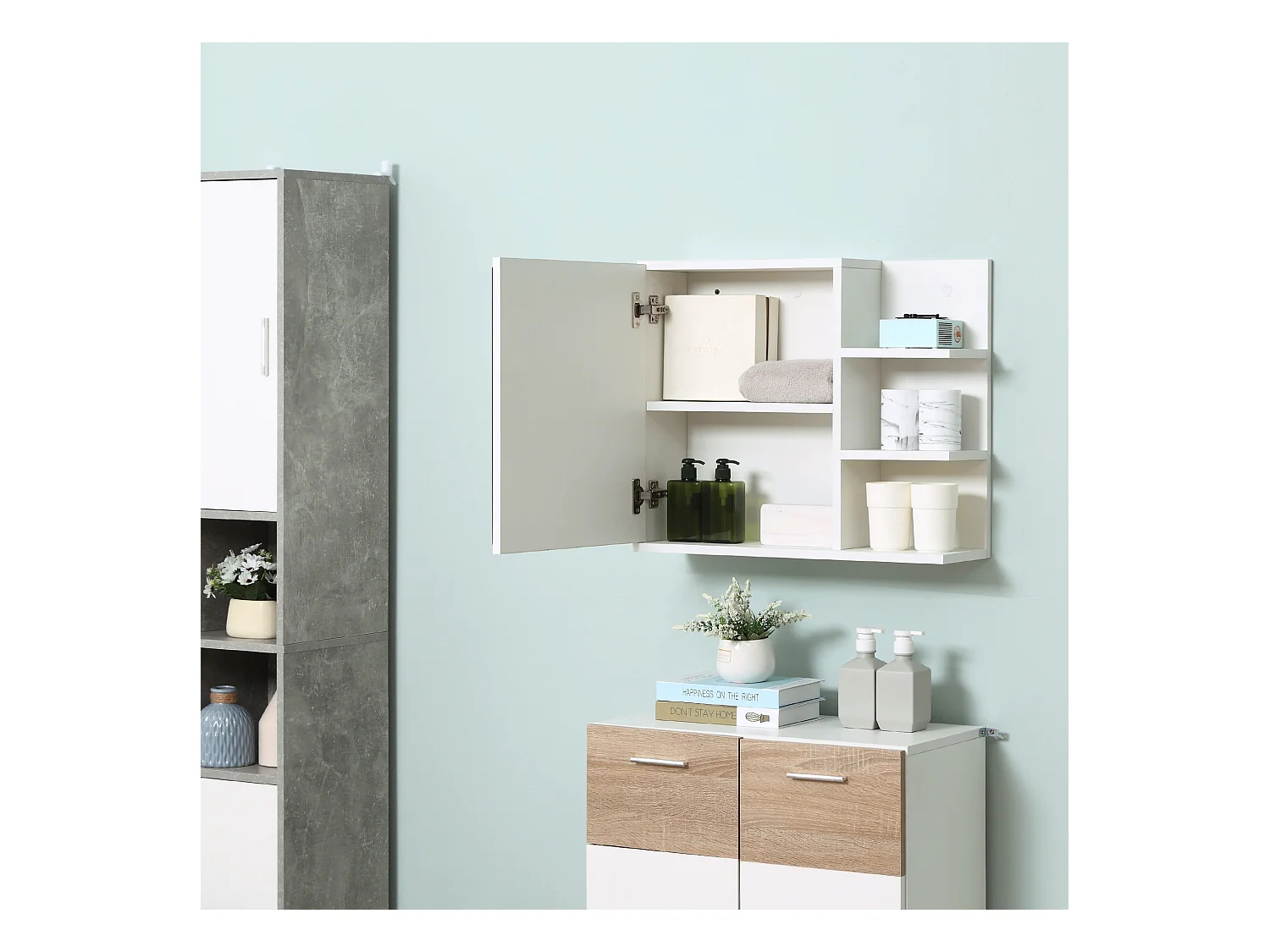 Mobile specchiera bagno con 3 ripiani laterali in legno bianco