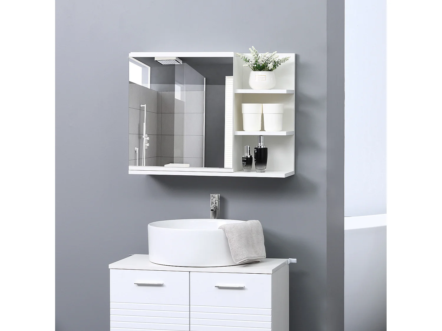 Mobile specchiera bagno con 3 ripiani laterali in legno bianco